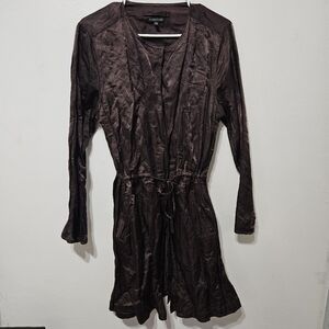 Eileen Fisher M Womens Brown Crinkle Steel Satin Jacket Long Duster Jacket